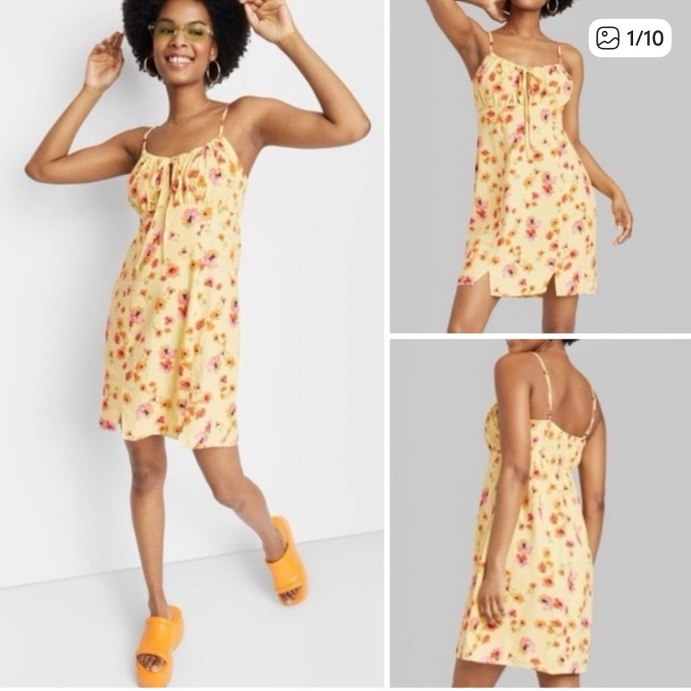 Wild Fable Sleeveless Ruched Linen Slip Dress Size Medium Floral Yellow